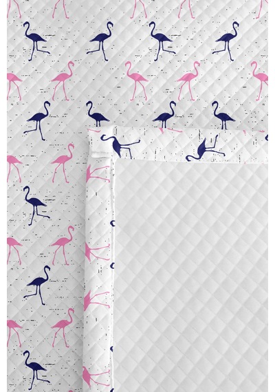 Evimde Bambaşka Flamingo Pembe Kız Çocuk Pike Takımı - Pastel Lacivert Bebek Odası Mevsimlik Yatak Örtüsü-160x220  CM