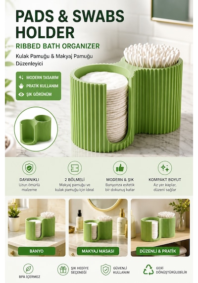 3d Baskı Kulak Pamuğu Ve Makyaj Pamuğu Düzenleyici 2 Bölmeli Banyo Organizeri Yeşil