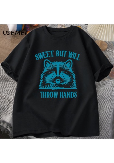 Flood Of Style Tatlı Ama El Atacak Baskılı T-shirt Erkek Kadın Komik Rakun Meme T Çöp Panda Tshirt Ya Siyah