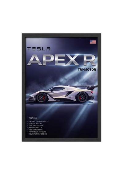 Tesla Apex R Siyah Ahşap Çerçeveli Poster, Dekoratif Araba Duvar Tablosu