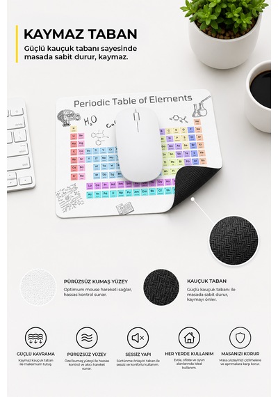 Periyodik Tablo Desenli Mouse Pad - 23x19 Cm Kaymaz Tabanlı Ergonomik Kimya Ve Bilim Fare Altlığı Çok Renkli