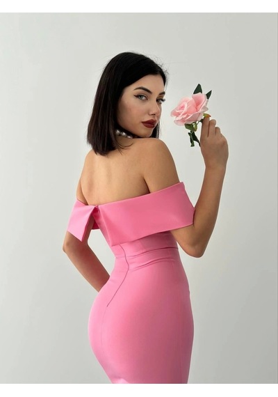 Defymoda Madonna Yaka Uzun Elbise Pembe