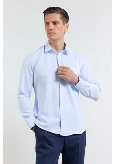 İmza Mavi - Beyaz Kendinden Desenli Sert Yaka Uzun Kol Cepsiz Slim Fit Pamuklu Gömlek 1004255214