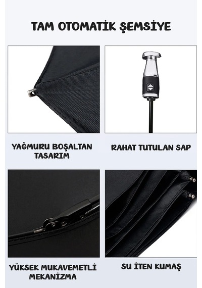 Fithome 10 Tel Rolls Royc Model Aç Kapa Rüzgarda Kırılmaz Fiber Şemsiye Düz Siyah