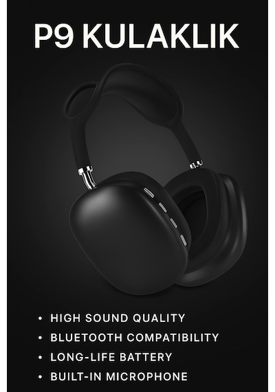 P9 Bluetooth 5.0 Kablosuz Siyah Kulaklık Mikrofonlu Uzun Pil Yüksek Bass Anc