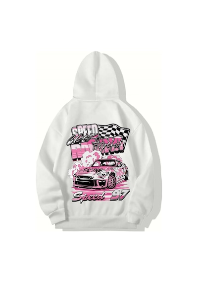 Brz Collection Unisex Oversize Racing Car Speed 97 Hoodıe Beyaz