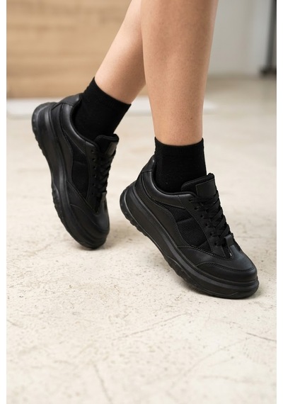 Shoetek Wersa Kadın Sneakers Bağcıklı Spor Ayakkabı Siyah Deri
