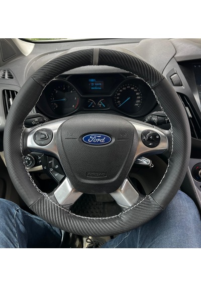 Dikişli Direksiyon Kılıfı Karbon / Nokta Deri Gri Yüzük Gri Dikişli Ford Connect 2015-18 Gri