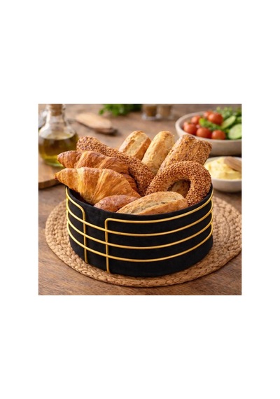 Dekoratif Gold Metal Detaylı Şık Sunum Ekmek Sepeti 21x11 Cm Siyah