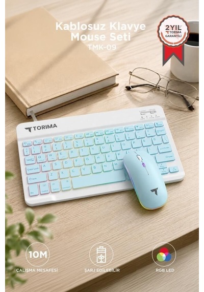 Özel Seri Ev Ofis Elektronik Parça Kablosuz Klavye Mouse Seti Tmk09 Mavi