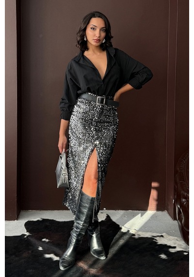 Verymoda Pullu Kadife Uzun Etek F2053 Gümüş