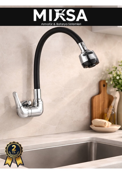 Duvardan Tek Su Çıkışlı Pipo Siyah Oynar Lavabo-eviye Bataryası Çeşmesi Musluğu Krom