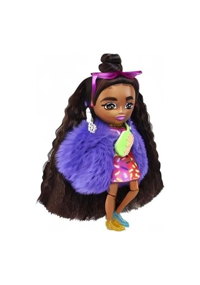Barbie Extra Mini Bebekler 14 Cm , Mavi Ceketli, Koyu Renk Saçlı