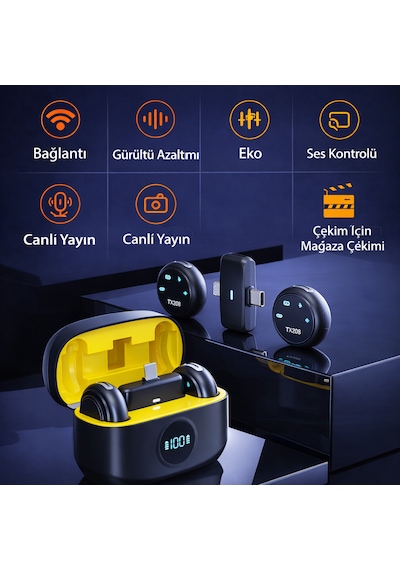 Kablosuz Yaka Mikrofonu Android Ve Apple Uyumlu iOS Alıcılı, Gürültü Azaltmalı Mikrofon Seti Tak Çalıştır 2'li