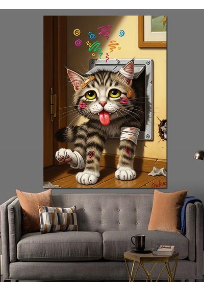 Ahşap Tablo Kapıdan Çıkan Komik Dil Çıkaran Kedi Hayvan Tabloları