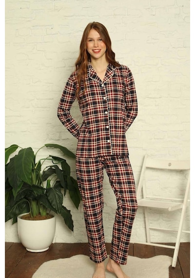 Farya Home Dreamy Ekoseli Pamuklu Biyeli Uzun Kollu Gömlek Pijama Takımı Ekose Siyah