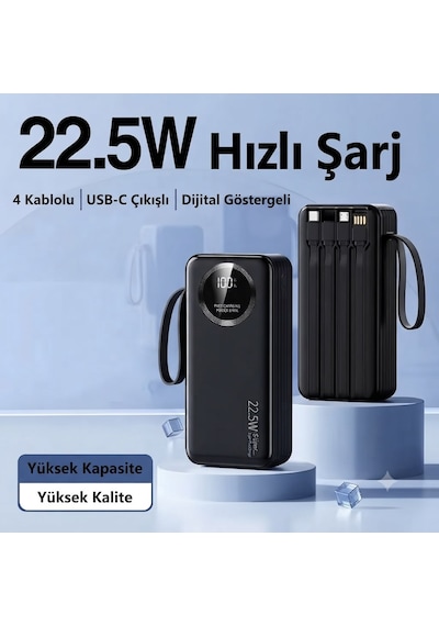 30.000 Mah 22.5w Hızlı Şarj Powerbank Taşınabilir Şarj Cihazı Dijital Göstergeli Dahili Çoklu Kablolu Powerbank Siyah