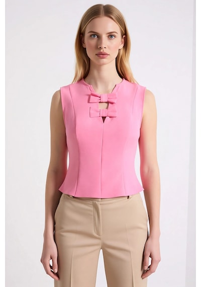 Benerly Kadın Bluz Crop Fiyonk Detaylı Kesik Yaka Kolsuz Dokuma Kumaş Düz Pembe