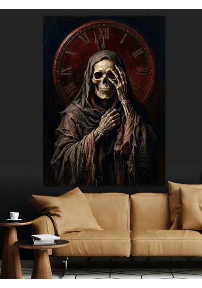 Zamanın Efendisi İskelet Ve Saat Dekoratif Kanvas - Mdf Ahşap Tablo