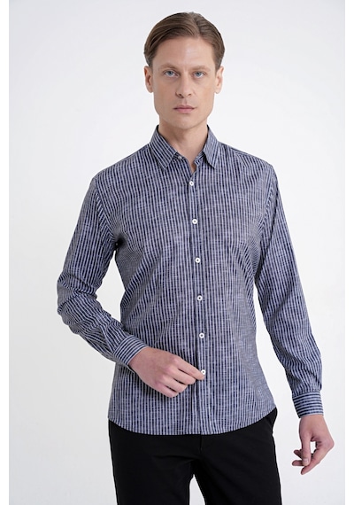 Slim Fit Klapa Yaka Esnek Pamuklu Siyah Çizgili Gömlek G 1599