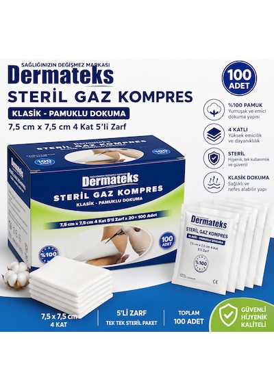 Dermateks Steril Kompres 7,5 7,5cm 4 Kat 5'li Zarf 1 Paket 100'lü