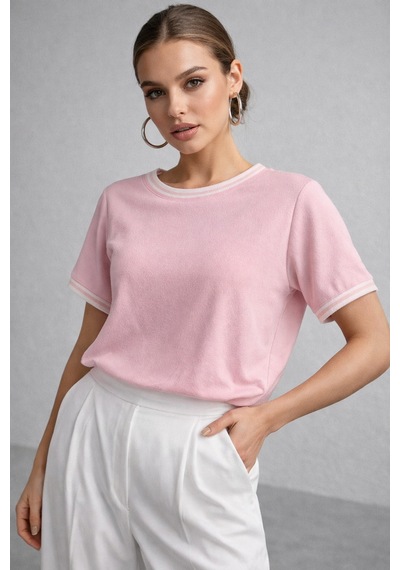 Kadın Pembe Bisiklet Triko Yaka Kısa Kollu Basic T-shirt Pembe