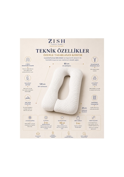 Huggle 5 Bölge Destekli Lucanta Yatak Kumaşlı Hamile Yastığı