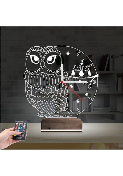 Luvivia Baykuş Tasarım Saatli 3d Lamba - Masa Gece Lambası Şeffaf