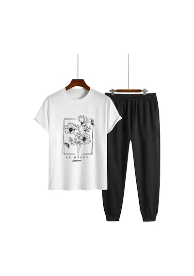 Uyguntarz Unisex Be Happy Tasarım Basklı Tshirt Eşofman Takımı Beyaz
