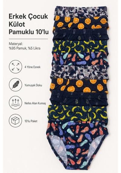 Tom John Erkek Çocuk Külot Pamuklu Likralı Garson 10 Lu Paket 30945 Çok Renkli