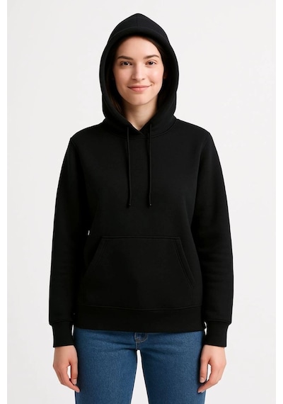 Mbb E-ticaret Kadın 3 İplik Pamuklu Kapüşonlu Kanguru Cepli Sweatshirt Hoodie - Siyah