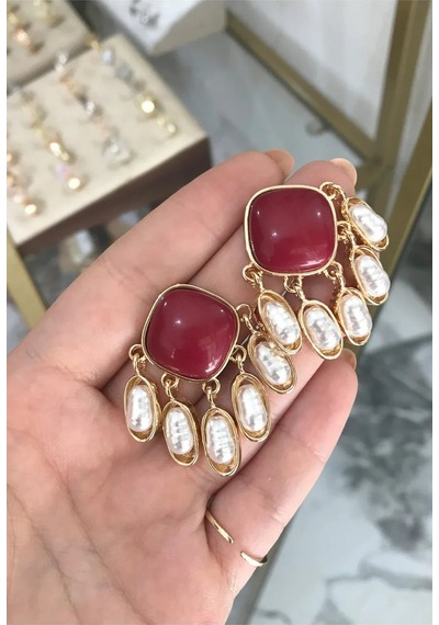 İnci Detaylı Bordo Küpe Çok Renkli