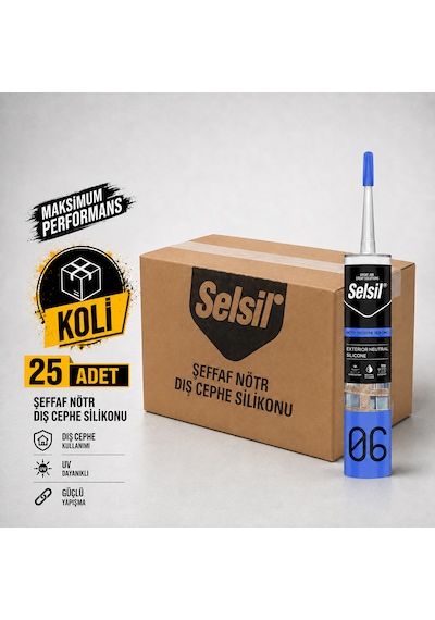 Selsil Şeffaf Nötr Dış Cephe Silikonu 300 Ml Uv Dayanımlı Cam Pvc Beton Derz Dolgu Mastiği 25 Adet 1 Koli