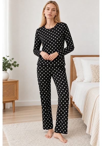 Kadın Desenli İkili Siyah Rahat Pijama Takımı 4814