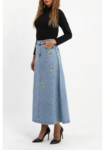 Çiçekli Nakış Detaylı Uzun Denim Etek- Mavi Çok Renkli