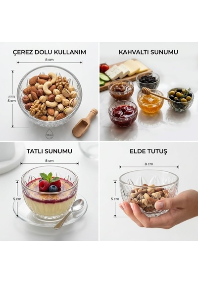 Deinhaus Cam Kase Seti, Şeffaf, 6'lı, 8 Cm Çap, 5 Cm Yükseklik, 135 Ml, Kuruyemiş Ve Atıştırmalık Servis İçin Çok Renkli