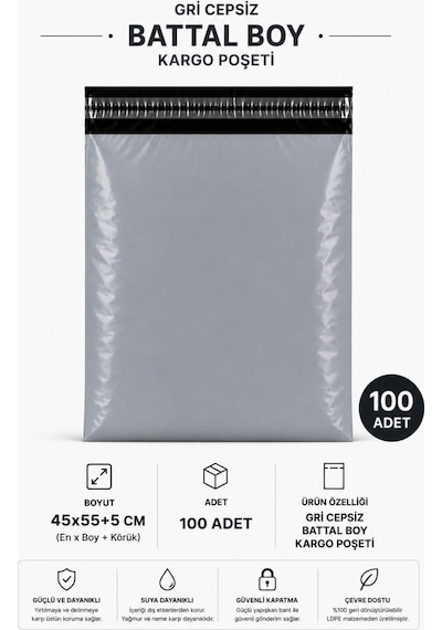 Gri Cepsiz Battal Boy Kargo Poşeti 45x55+5 Cm 100 Adet