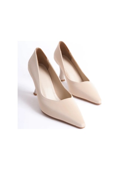 Alfaze Bej Saten Klasik Şıklık Sivri Burun Stiletto Topuk Boyu 8 Cm