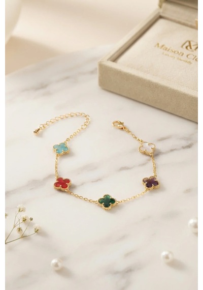 Renkli Kristal Taşlı Gold Renk Yonca Model Kadın Bileklik Standart