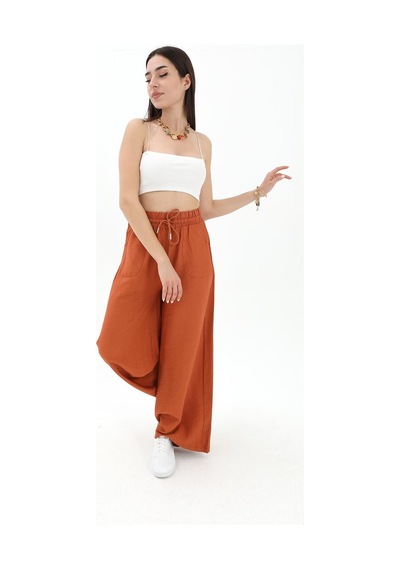 Wpr Geniş Kemerli Bol Paça Düz Keten Kadın Pantolon - Taba-taba Taba