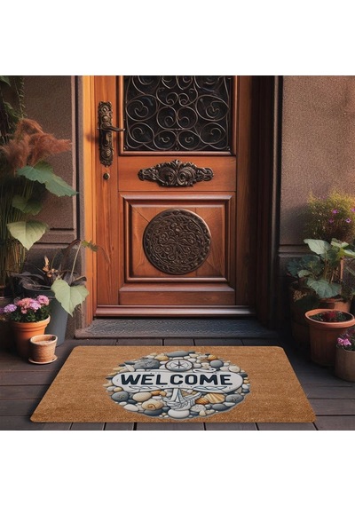 Valerine Life Çakıl Taşları Ve Pusula Welcome Kapı Önü Paspası 45x70cm