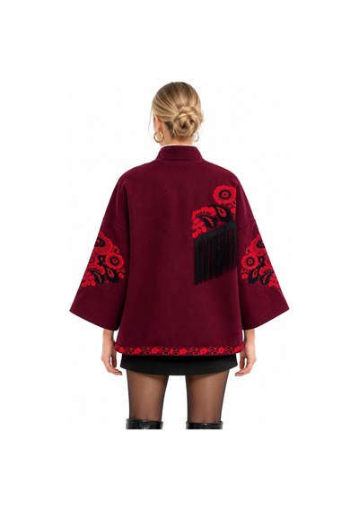 Saade Bordo Etnik Çiçek Nakışlı Püsküllü Kimono Ceket