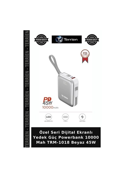 Özel Seri Dijital Ekranlı Yedek Güç Powerbank 10000 Mah Trm-1018 Beyaz 45w Çok Renkli