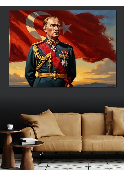 Türk Bayrağı Önünde Atatürk Portresi 3 Dekoratif Kanvas - Mdf Ahşap Tablo