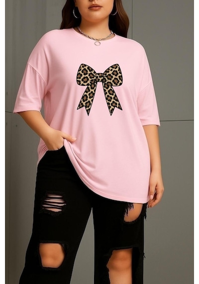 Büyük Leopar Desenli Klurdela Baskılı Unisex Tişört Pembe
