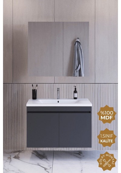 Teta Home Tokyo 80 Cm Mdf Banyo Dolabı Seti Antrasit Antrasit