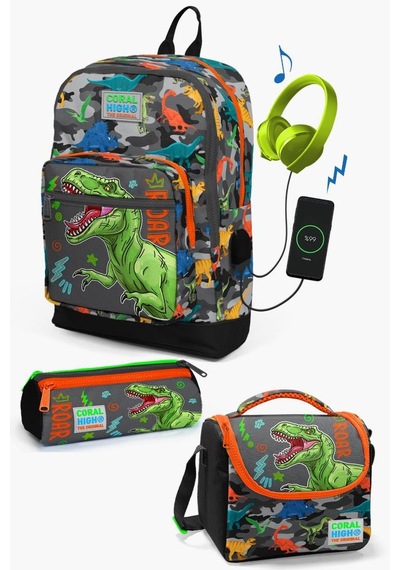 Coral High Kids Siyah Gri Dinozor Desenli Usb'li 3 Lü Okul Çanta Seti Set0123844 Çok Renkli