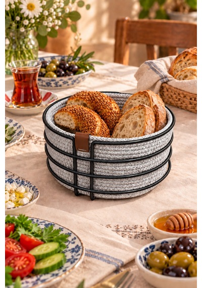 Siyah Yuvarlak Ekmek Sepeti, Ekmeklik Sunum Sepeti, Buz Gri Makrome Çok Amaçlı Paslanmaz Metal Çok Renkli