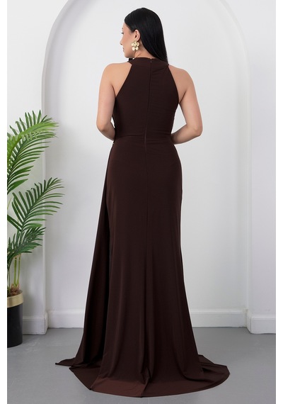 Kalopya Halter Yaka Drapeli Tokalı Abiye Elbise Ecr5862 Kahve