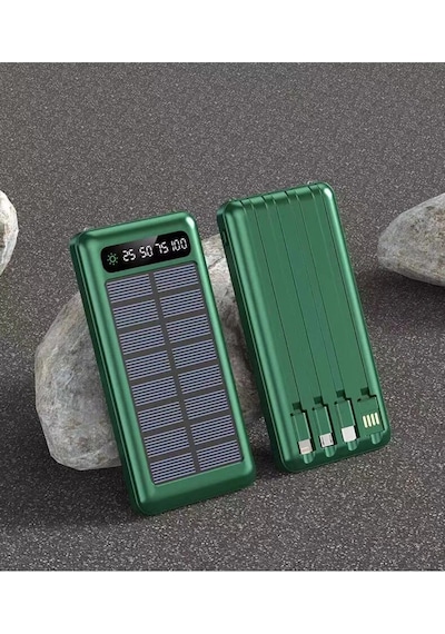 Solar 10.000 Mah Güneş Enerjili Led Işıklı Powerbank Şarj Aleti 2x Usb Çıkışlı Çoklu Kablolu Kahverengi